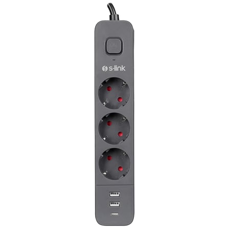 S-link SPG03U 2 Usb +1Type C 5V2.4A 1.5m 3x1.00mm 100% Bakır 750 Joule 3 lü Anahtarlı Akım Korumalı Siyah Priz