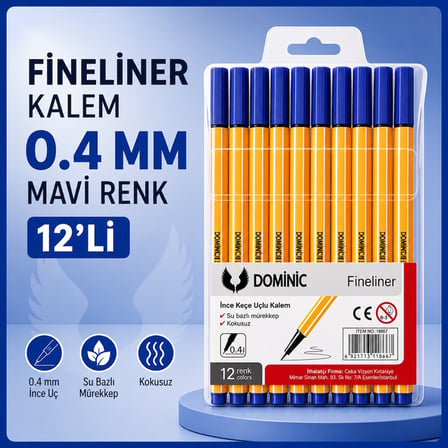 Fineliner Tükenmez Kalem 0.4 Mm Mavi Renk 12 Adet