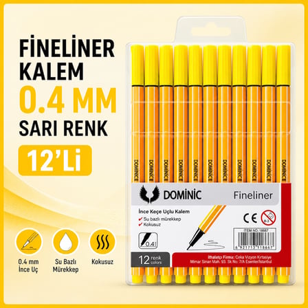 Fineliner Tükenmez Kalem 0.4 Mm Sarı Renk 12 Adet