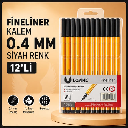 Fineliner Tükenmez Kalem 0.4 Mm Siyah Renk 12 Adet
