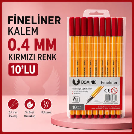 Fineliner Tükenmez Kalem 0.4 Mm Kırmızı Renk 10 Adet