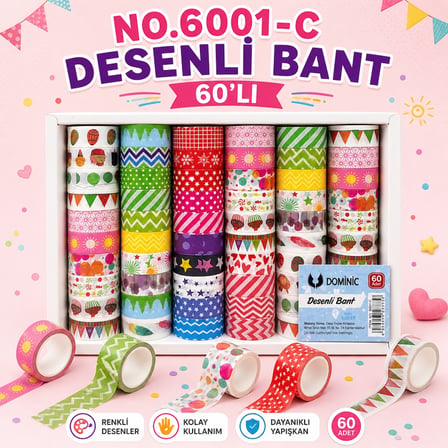 6001-C Desenli Karışık Kağıt Bant 60 Adet