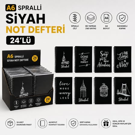 A6 Siyah Spralli Not Defteri