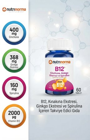 B12+ Kınakına Ekstresi, Ginkgo Ekstresi ve Spirulina İçeren 60 Tablet – Yüksek B12 İçeriği ile Günlük Kullanıma Uygun Formül