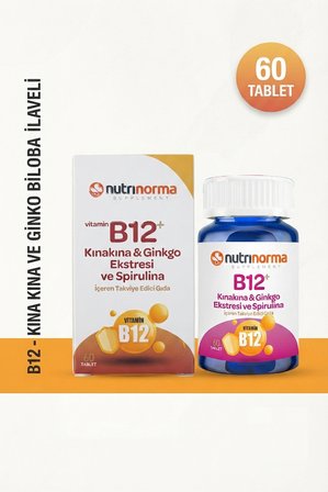 B12+ Kınakına Ekstresi, Ginkgo Ekstresi ve Spirulina İçeren 60 Tablet – Yüksek B12 İçeriği ile Günlük Kullanıma Uygun Formül