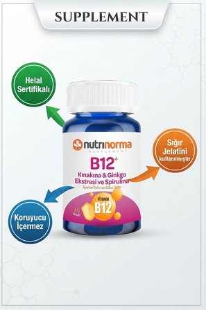 B12+ Kınakına Ekstresi, Ginkgo Ekstresi ve Spirulina İçeren 60 Tablet – Yüksek B12 İçeriği ile Günlük Kullanıma Uygun Formül