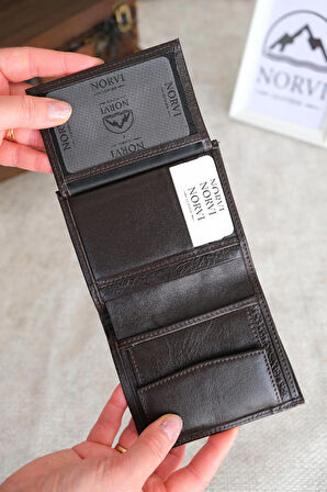 Madeni Para Gözlü Hakiki Deri Cüzdan Koyu Kahverengi