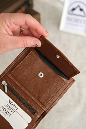 Bozuk Para Bölmeli Hakiki Deri Cüzdan Kahverengi