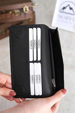 Telefon Bölmeli El Tutamaçlı Hakiki Deri Cüzdan Siyah