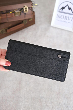 Telefon Bölmeli El Tutamaçlı Hakiki Deri Cüzdan Siyah