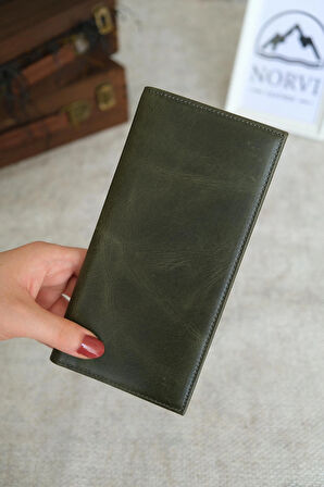 Telefon Bölmeli Mıknatıslı Hakiki Eskitme Deri Cüzdan Haki