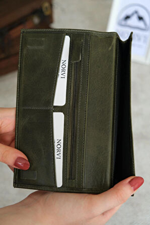 Telefon Bölmeli Mıknatıslı Hakiki Eskitme Deri Cüzdan Haki