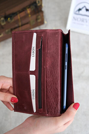 Telefon Bölmeli Mıknatıslı Hakiki Eskitme Deri Cüzdan Bordo Rengi