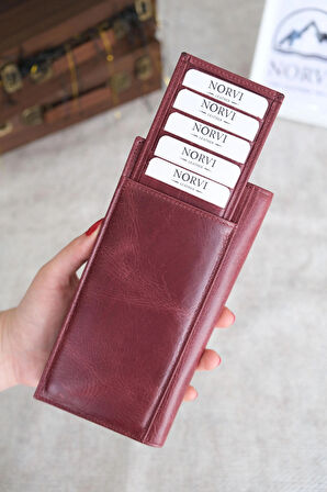 Telefon Bölmeli Mıknatıslı Hakiki Eskitme Deri Cüzdan Bordo Rengi