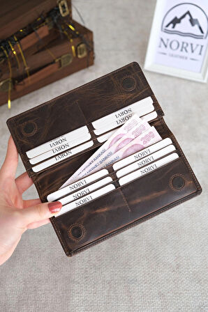 Telefon Bölmeli El Tutamaçlı Hakiki Deri Cüzdan Koyu Kahverengi