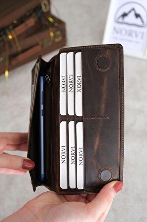 Telefon Bölmeli El Tutamaçlı Hakiki Deri Cüzdan Koyu Kahverengi