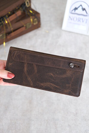 Telefon Bölmeli El Tutamaçlı Hakiki Deri Cüzdan Koyu Kahverengi