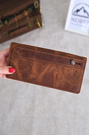 Telefon Bölmeli El Tutamaçlı Hakiki Deri Cüzdan Fındık Rengi