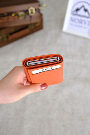 Mekanizmalı Otomatik Hakiki Deri Kartlık Turuncu