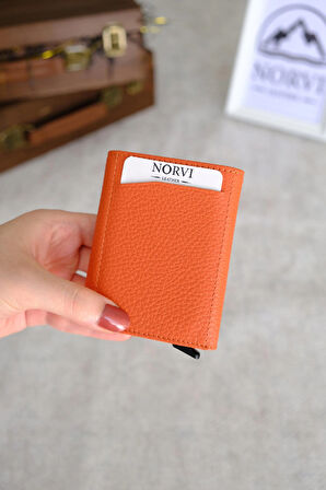 Mekanizmalı Otomatik Hakiki Deri Kartlık Turuncu