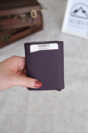 Mekanizmalı Otomatik Hakiki Deri Kartlık Mor