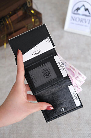 Mekanizmalı Otomatik Hakiki Deri Kartlık Siyah