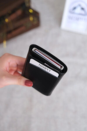 Mekanizmalı Otomatik Hakiki Deri Kartlık Siyah