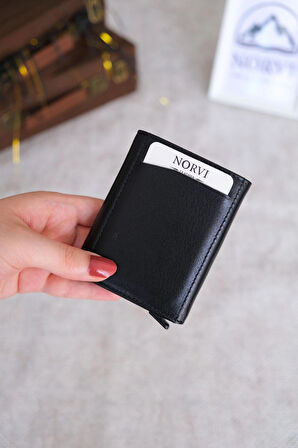 Mekanizmalı Otomatik Hakiki Deri Kartlık Siyah