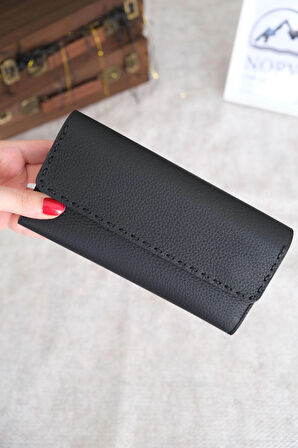 Saraciye Dikişli Telefon Bölmeli Hakiki Deri Cüzdan Siyah Renk