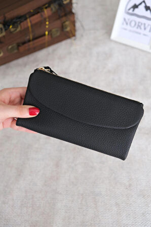 Telefon Bölmeli Hakiki Deri Kadın Cüzdan Siyah