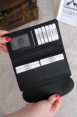 Telefon Bölmeli Hakiki Deri Kadın Cüzdan Siyah