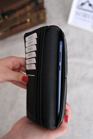 Telefon Bölmeli Hakiki Deri Kadın Cüzdan Siyah