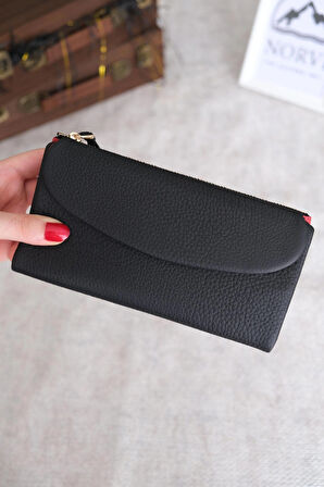 Telefon Bölmeli Hakiki Deri Kadın Cüzdan Siyah Kırmızı