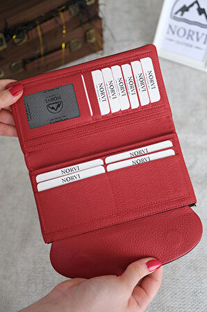 Telefon Bölmeli Hakiki Deri Kadın Cüzdan Siyah Kırmızı