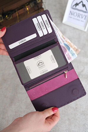 Saraciye Dikişli Çok Bölmeli Hakiki Deri Cüzdan Kadın Mor