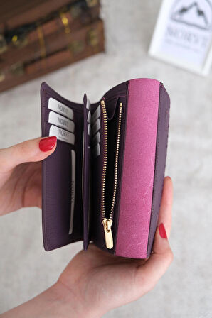 Saraciye Dikişli Çok Bölmeli Hakiki Deri Cüzdan Kadın Mor