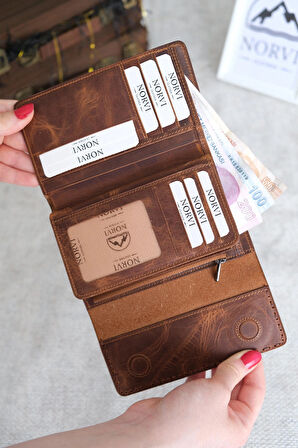 Saraciye Dikişli Çok Bölmeli Hakiki Deri Cüzdan Kadın Fındık Rengi