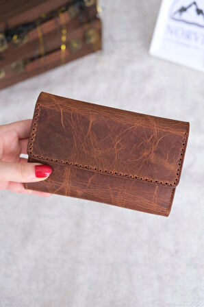 Saraciye Dikişli Çok Bölmeli Hakiki Deri Cüzdan Kadın Fındık Rengi