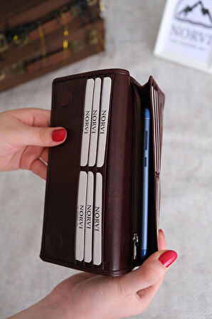 Telefon Bölmeli El Tutamaçlı Hakiki Deri Cüzdan Parlak Kahverengi