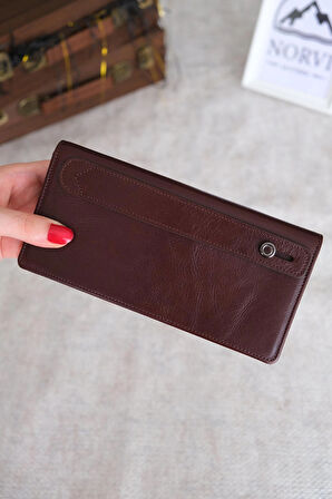 Telefon Bölmeli El Tutamaçlı Hakiki Deri Cüzdan Parlak Kahverengi