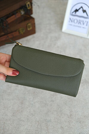 Telefon Bölmeli Hakiki Deri Kadın Cüzdan Yeşil