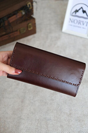 Saraciye Dikişli Telefon Bölmeli Hakiki Deri Cüzdan Parlak Kahverengi