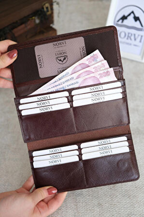 Saraciye Dikişli Telefon Bölmeli Hakiki Deri Cüzdan Parlak Kahverengi