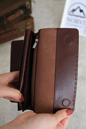 Saraciye Dikişli Telefon Bölmeli Hakiki Deri Cüzdan Parlak Kahverengi