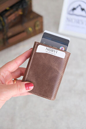 Mekanizmalı Otomatik Hakiki Deri Kartlık Kahverengi