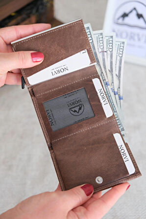 Mekanizmalı Otomatik Hakiki Deri Kartlık Kahverengi