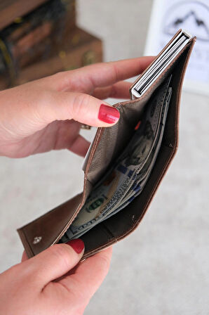 Mekanizmalı Otomatik Hakiki Deri Kartlık Kahverengi