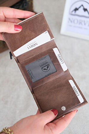 Mekanizmalı Otomatik Hakiki Deri Kartlık Kahverengi