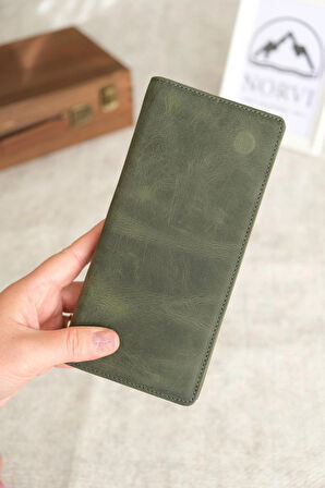 Telefon Bölmeli El Tutamaçlı Hakiki Deri Cüzdan Yeşil