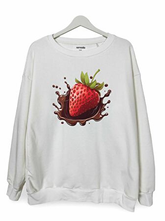 Çikolatalı Çilek Baskılı Unisex Bisiklet Yaka Oversize Sweatshirt